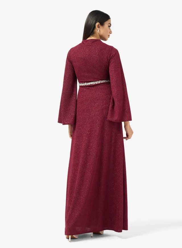 Burgundy Maxi Wrap Dress with Cowl Neck and Long Sleeves – image 2