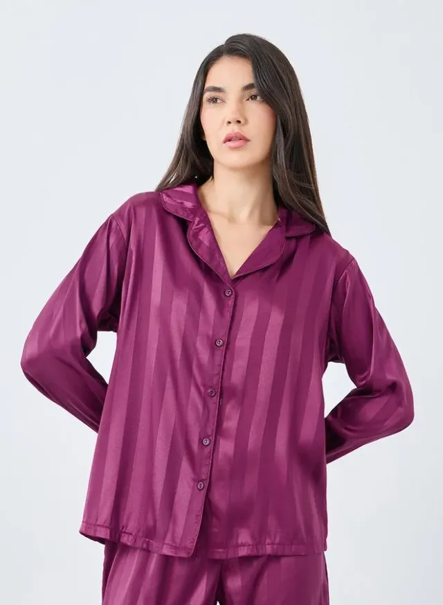 Styli Striped Satin Jacquard Pyjama Set Burgundy – image 3