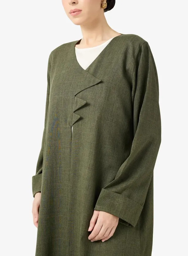 Olive Green Asymmetric Open Front Abaya with V-Neck and Long Sleeves – image 4
