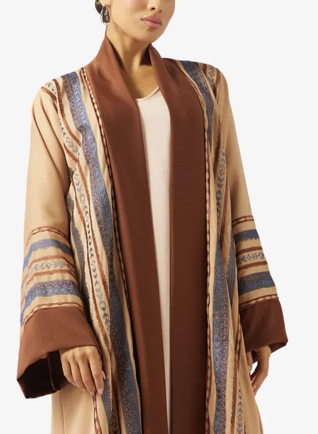 Beige Embroidered High Neck Open Front Maxi Abaya - Ramadan Style – image 3