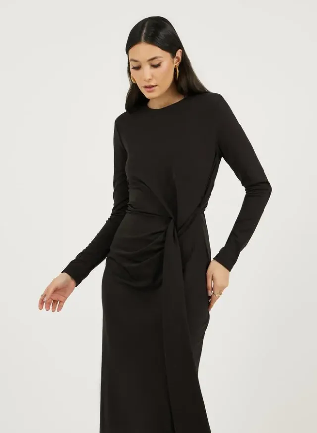 Self-Tie Long Sleeve Sheath Midi Dress – image 5