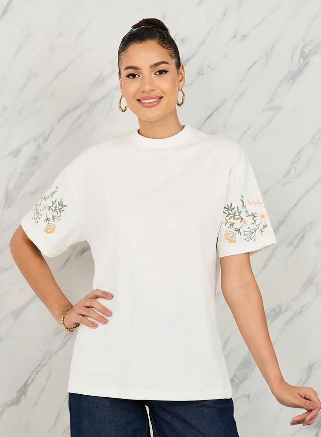 Oversized Embroidered Longline T-Shirt White