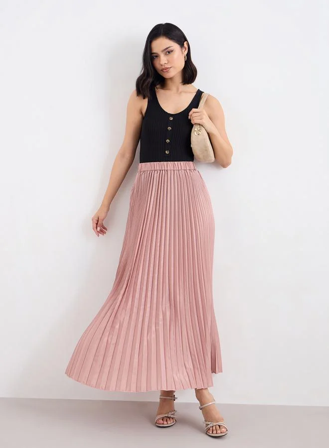 Styli Satin Pleated A-Line Maxi Skirt Pale Rose