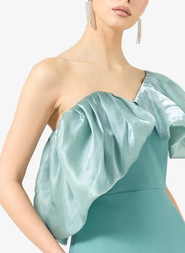 Teal One-Shoulder Ruffle Maxi Evening Gown – image 4