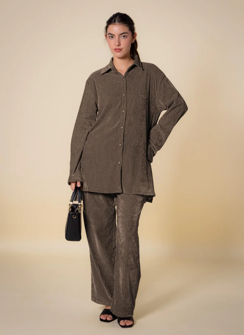 Textured Velvet Shirt Set Brown