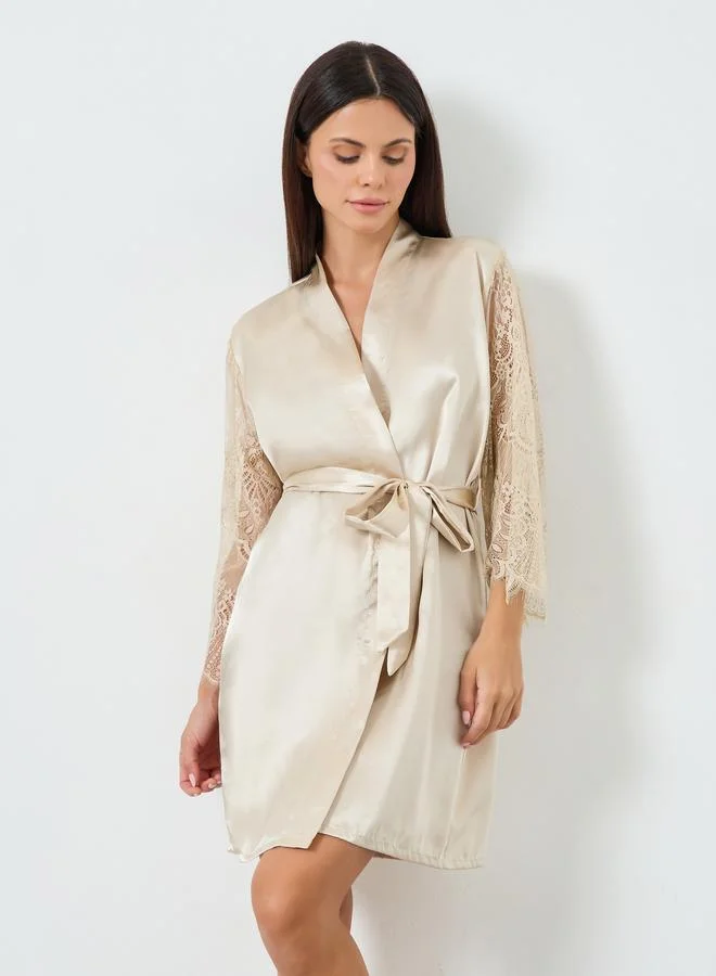 Short Lace Flared Sleeve Robe Cream