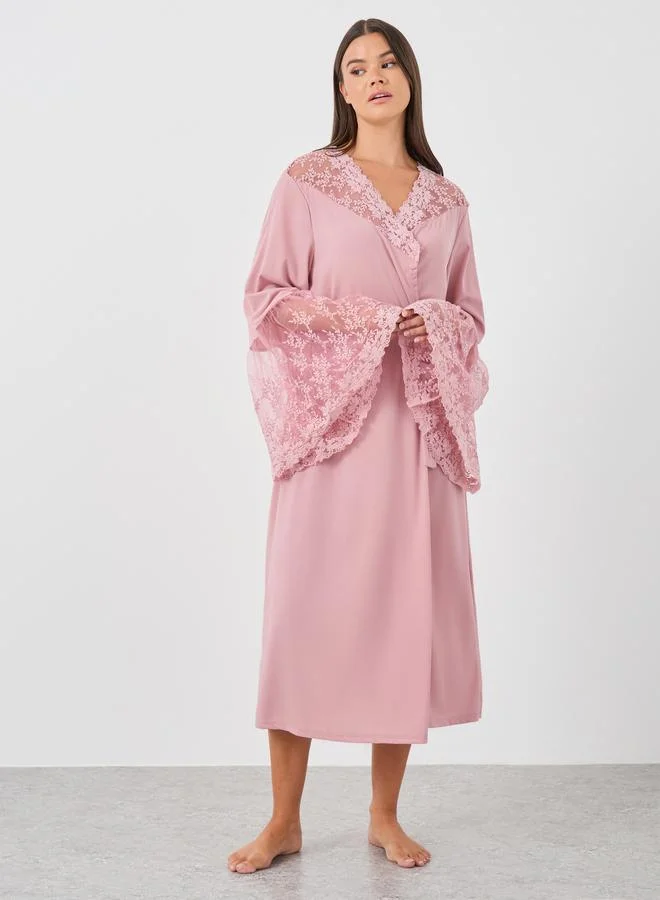 Styli Lace Insert Long Sleeve Robe Pink