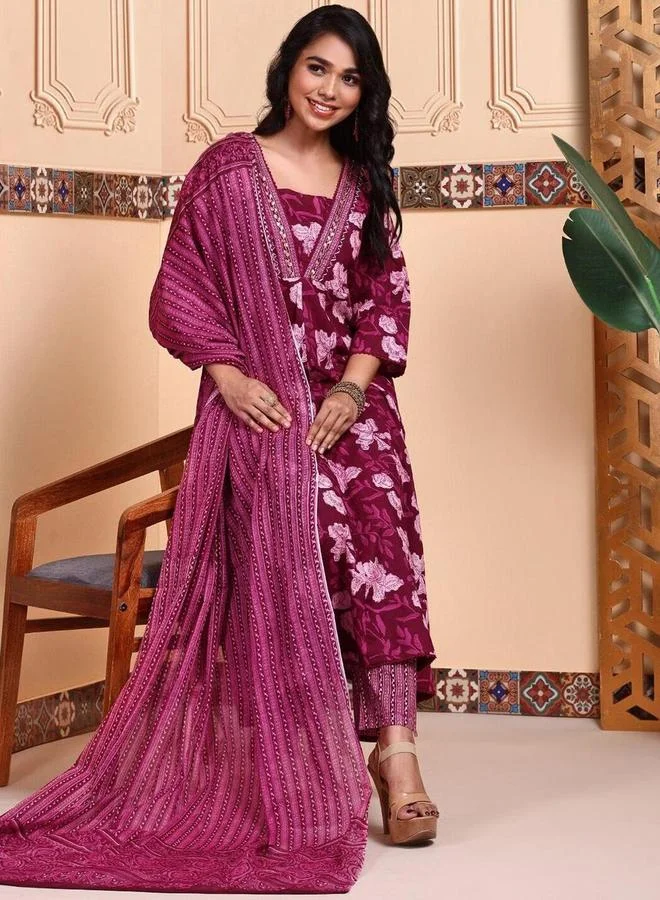 Ishin Floral Print Cotton Kurta Set Dark Magenta