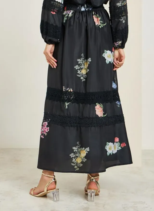 Floral Lace Trim Maxi Skirt Black – image 4