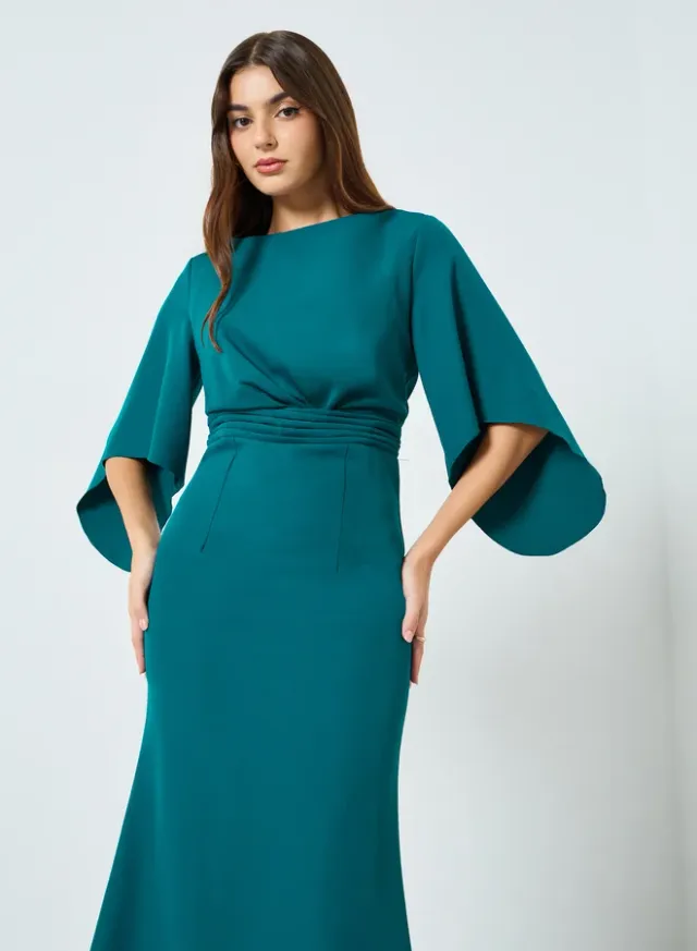 Flared Sleeve A-Line Maxi Dress Blue