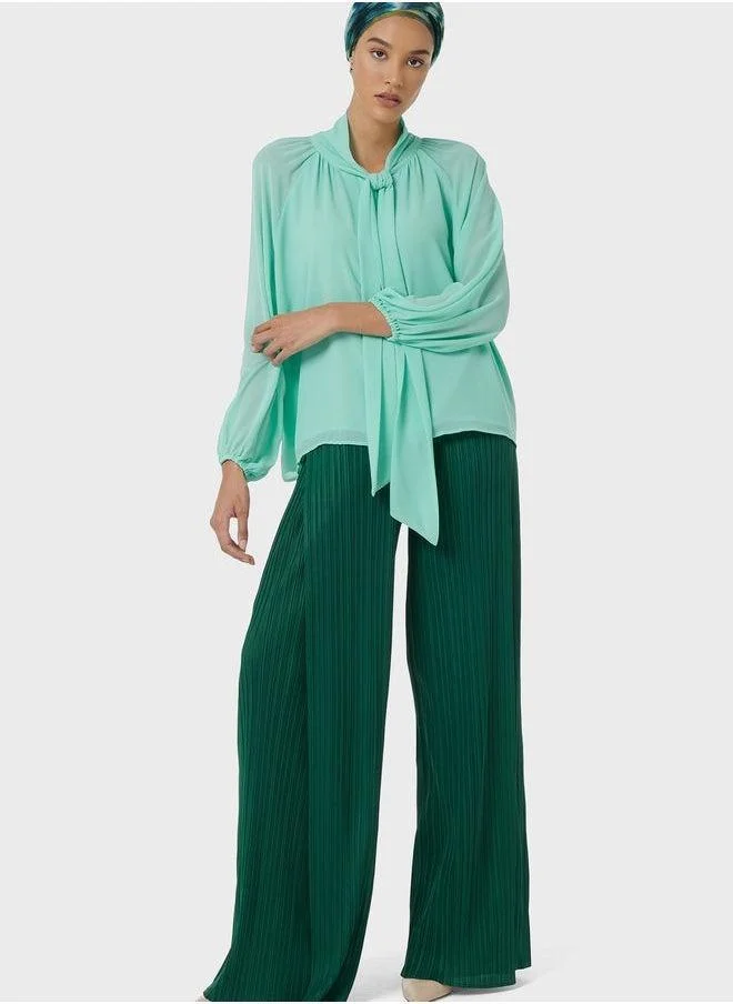 High Waist Plisse Wide Leg Trousers