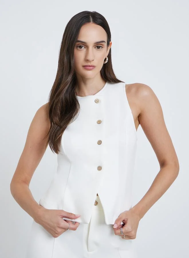 Styli Round Neck Fitted Buttoned Vest Cream
