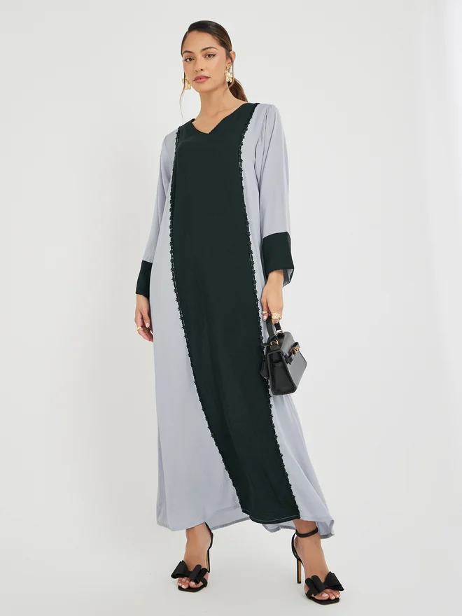 Amirah Color Block Lace Trim Jalabiya Grey