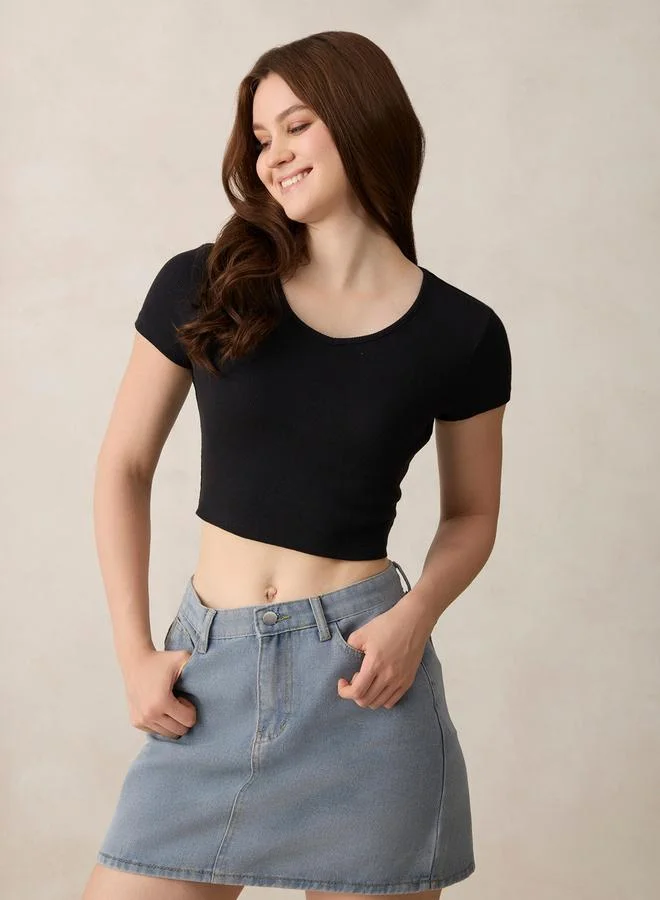 Fitted V-Neck Ribbed Top Black
