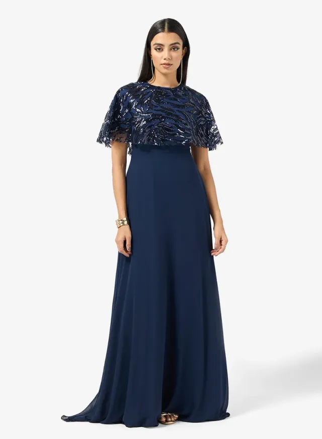 Navy Blue Embellished A-Line Maxi Dress with Short Sleeves – image 4