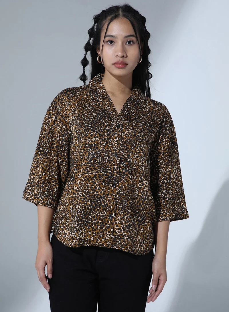 Multicolor Abstract Print Oversized Party Shirt for Women, Spread Collar