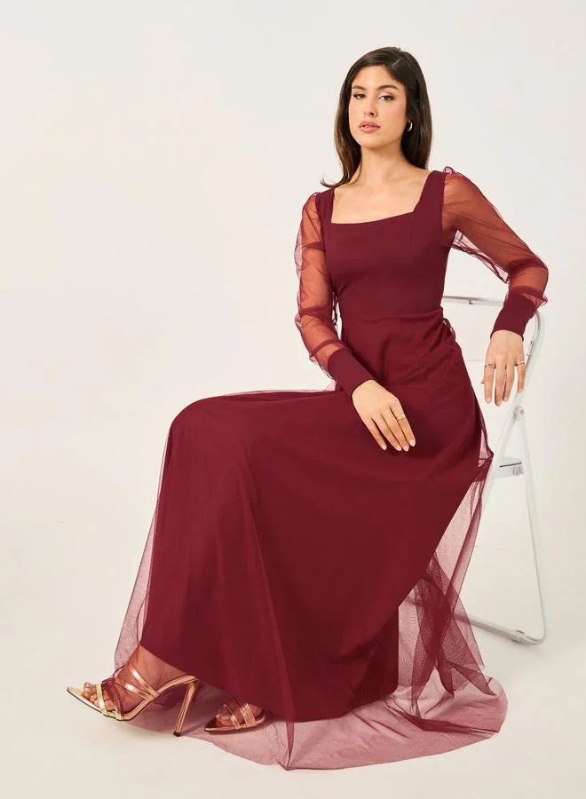 Styli Mesh Puff Sleeve Square Neck Maxi Dress Burgundy