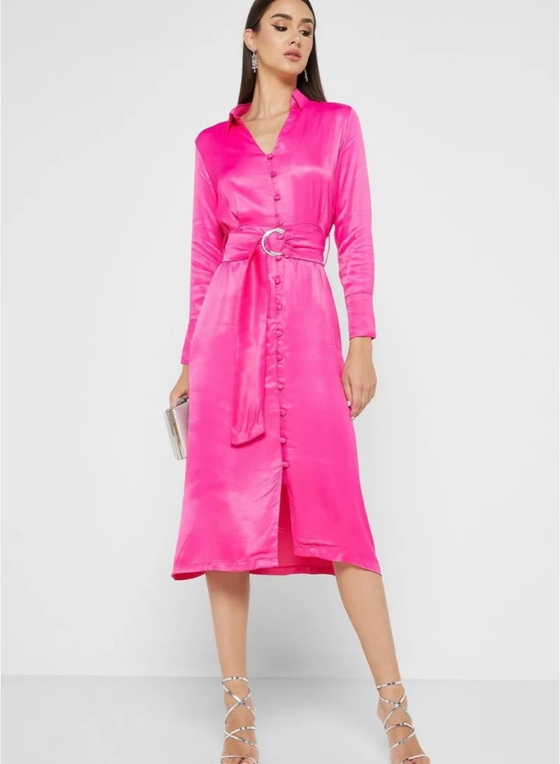 Silk Long Sleeve Shirt Dress Pink