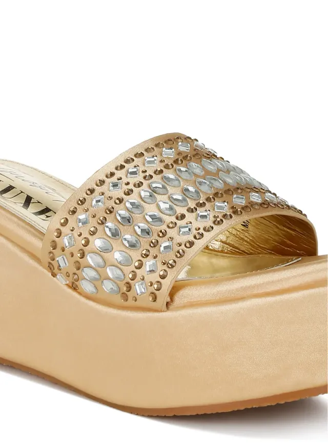 Diamante Rhinestone Flatform Sandals Black – image 5