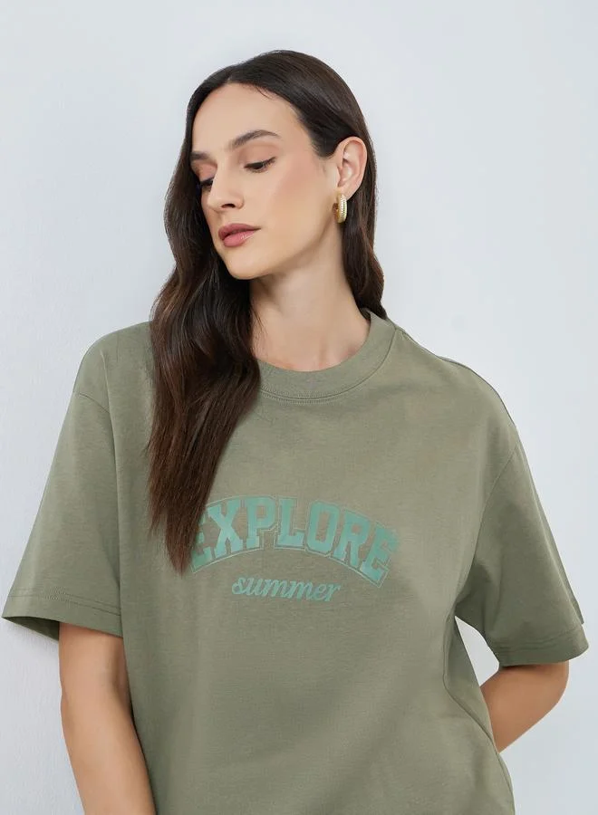 Oversized Text Print Cotton T-Shirt Green