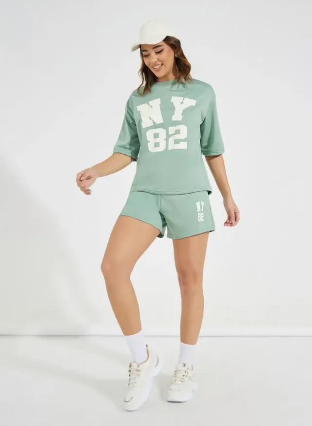 Styli NY Print Drawstring Shorts Mint Green