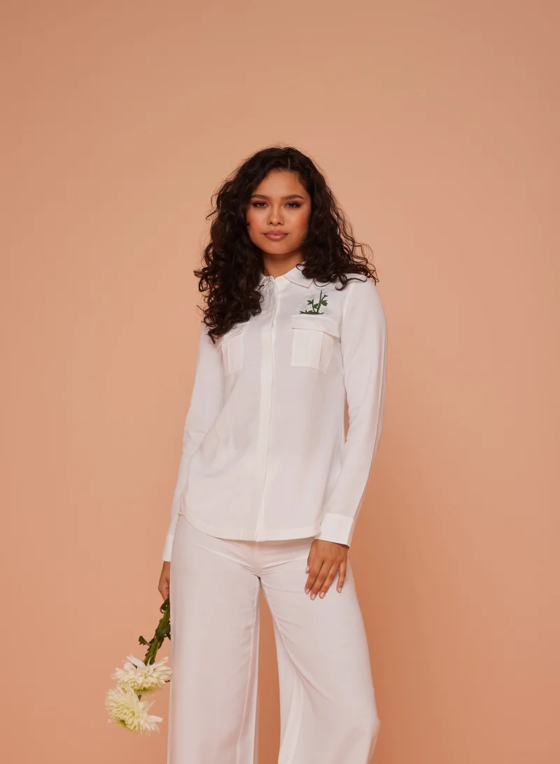 Embroidered Pocket Linen Button-Down Shirt