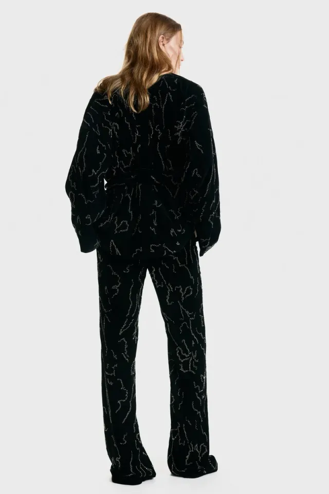 Black Velvet Beaded Embroidered Extra-Long Bootcut Trousers – image 5