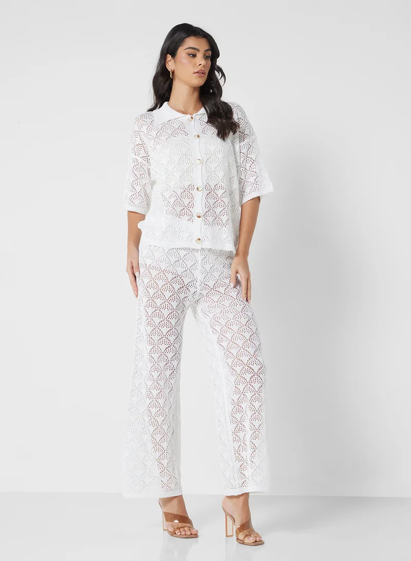 Crochet Beach Shirt & Pant Set White