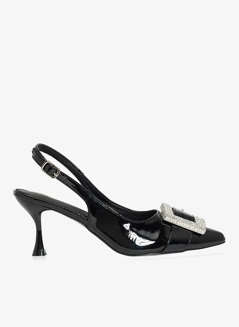Diamante Buckle Slingback Pumps Black