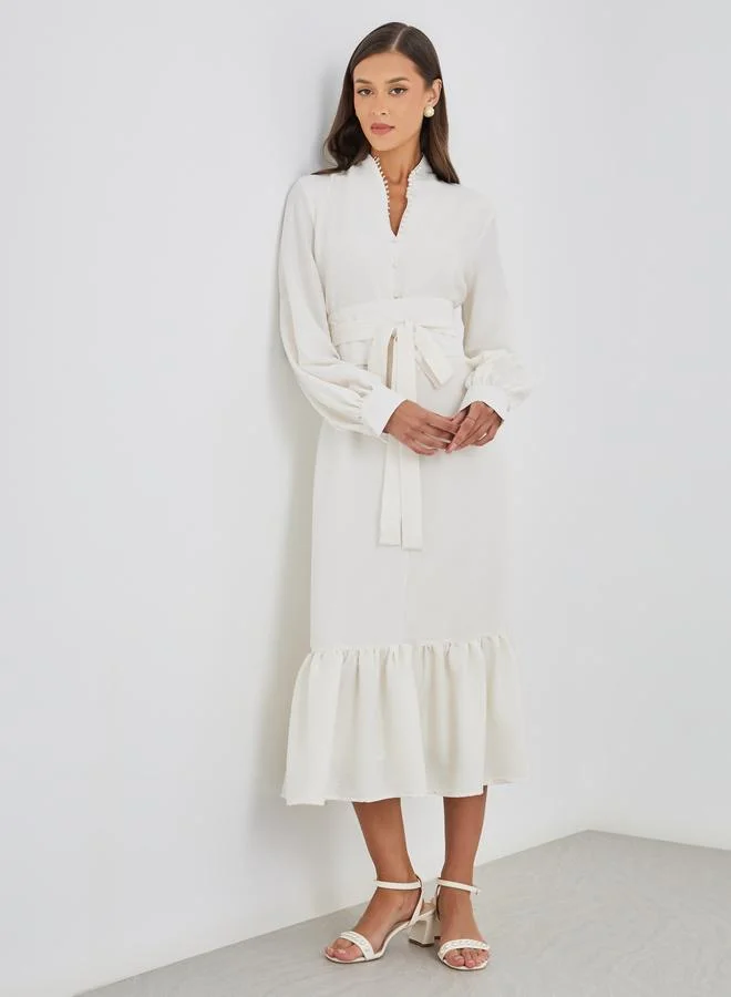 Women's Belted A-Line Midi Dress White