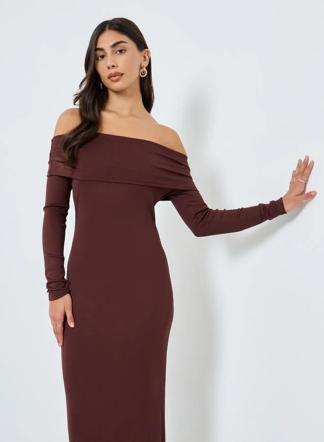 Styli Ribbed Off Shoulder Midi Dress Dark Brown