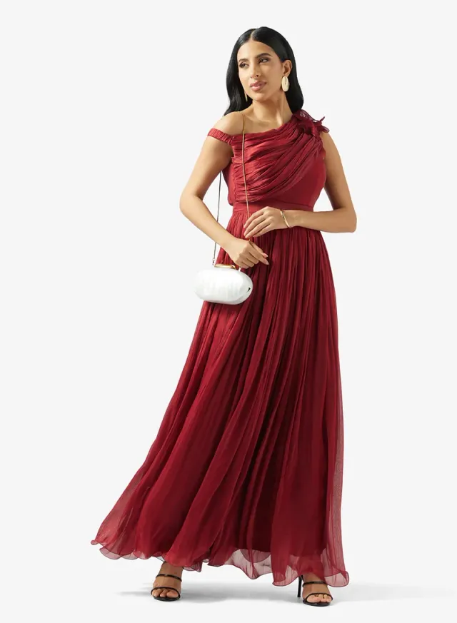 Maroon One Shoulder Maxi Fit & Flare Dress – image 4