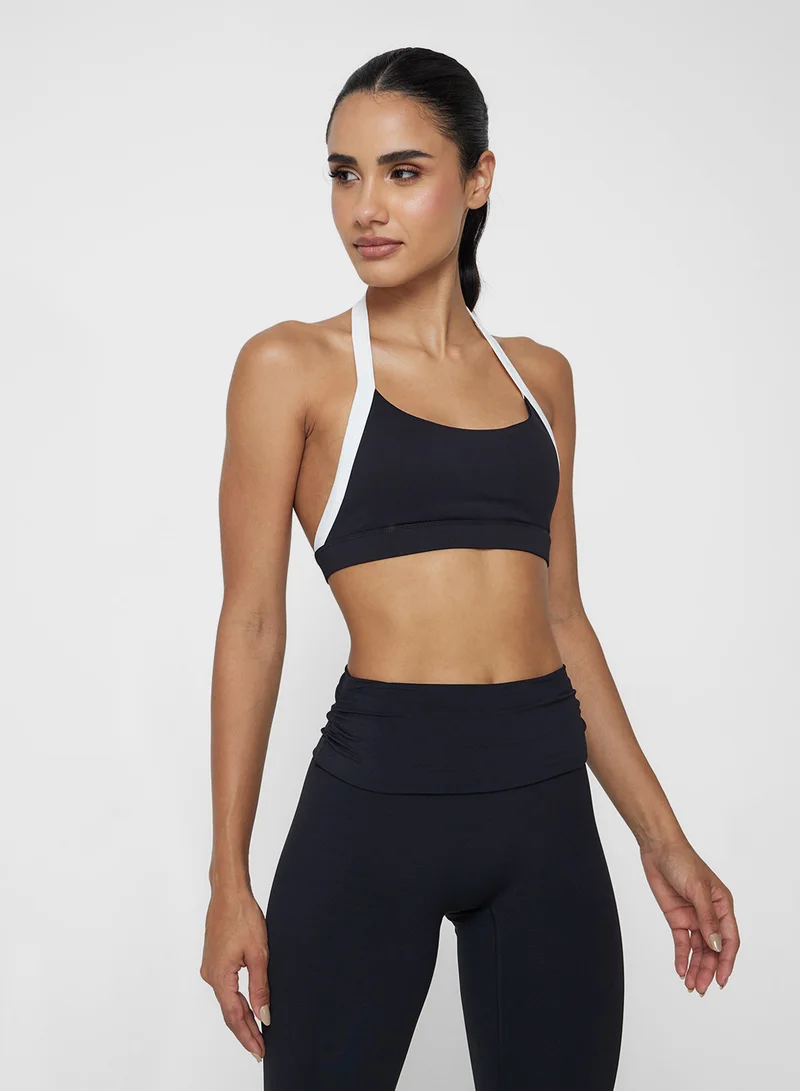Halter Neck Contrast Trim Sports Bra Black