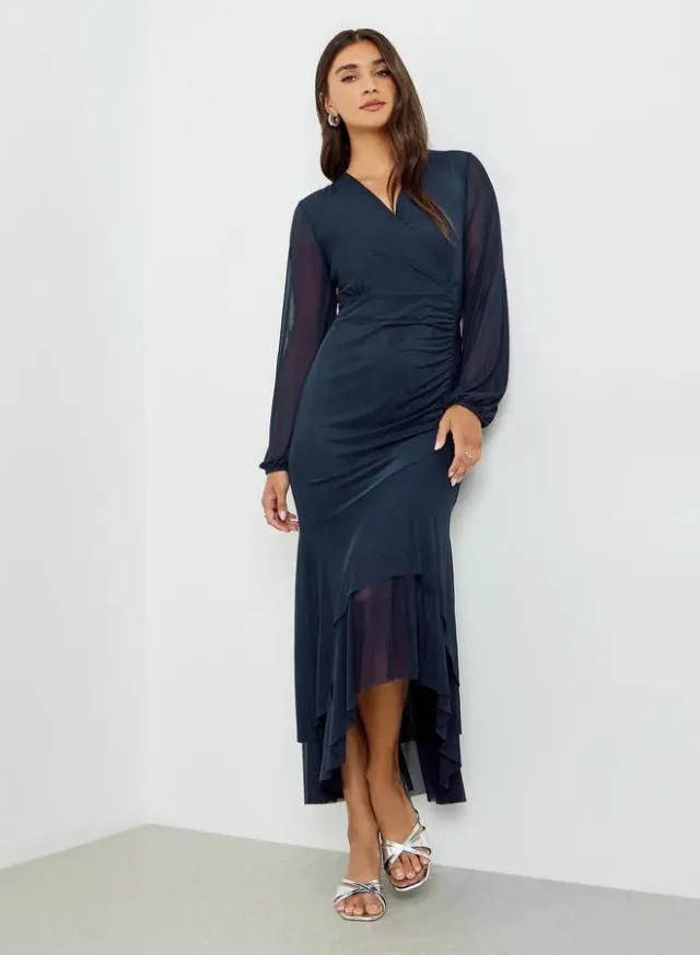 Navy Blue Polyester Maxi Dress with Long Bishop Sleeves – image 2