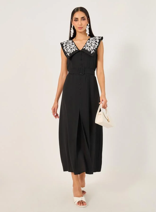 Embroidered Sleeveless A-Line Maxi Dress Black