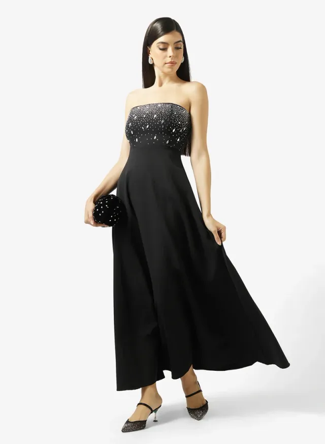 Black Maxi Dress with Embellished Bandeau Neck for Ramadan – image 4