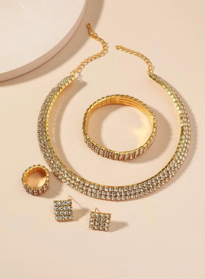 Women Rhinestone Necklace With Bracelet And Ring With Earrings Set