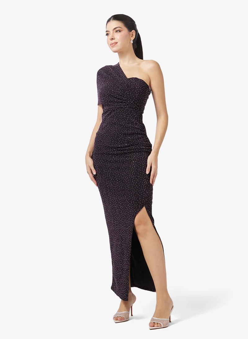One-Shoulder Shimmer Slit Dress