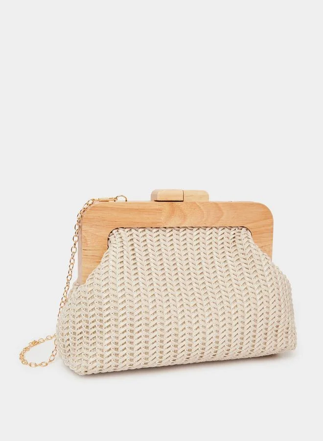 Woven Wooden Frame Clutch Beige