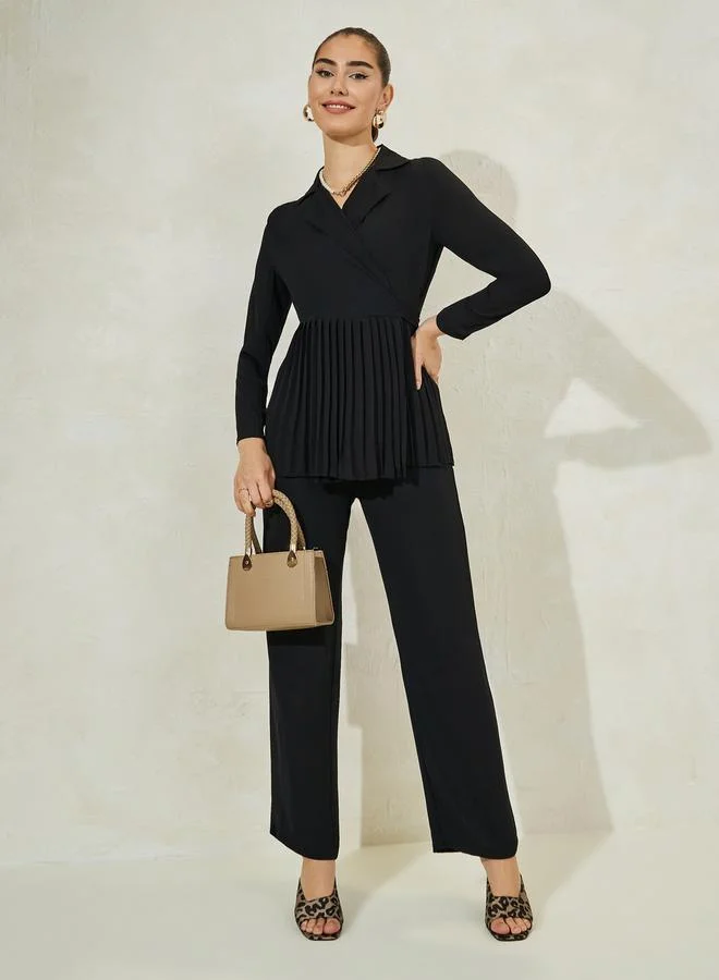 Pleated Blazer and Tailored Pants Set Black