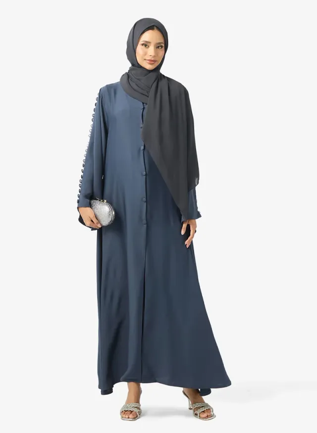 Button Detailed Flared Sleeve Abaya Grey
