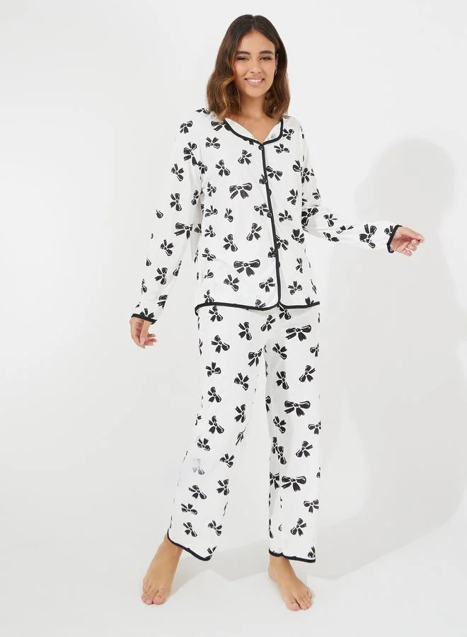 Bowknot Print Long Sleeve Pajama Set White
