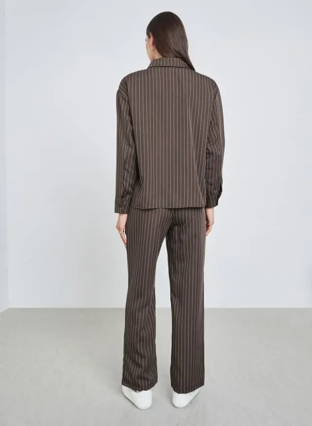 Pinstripe Shirt and Pants Set Brown – image 5