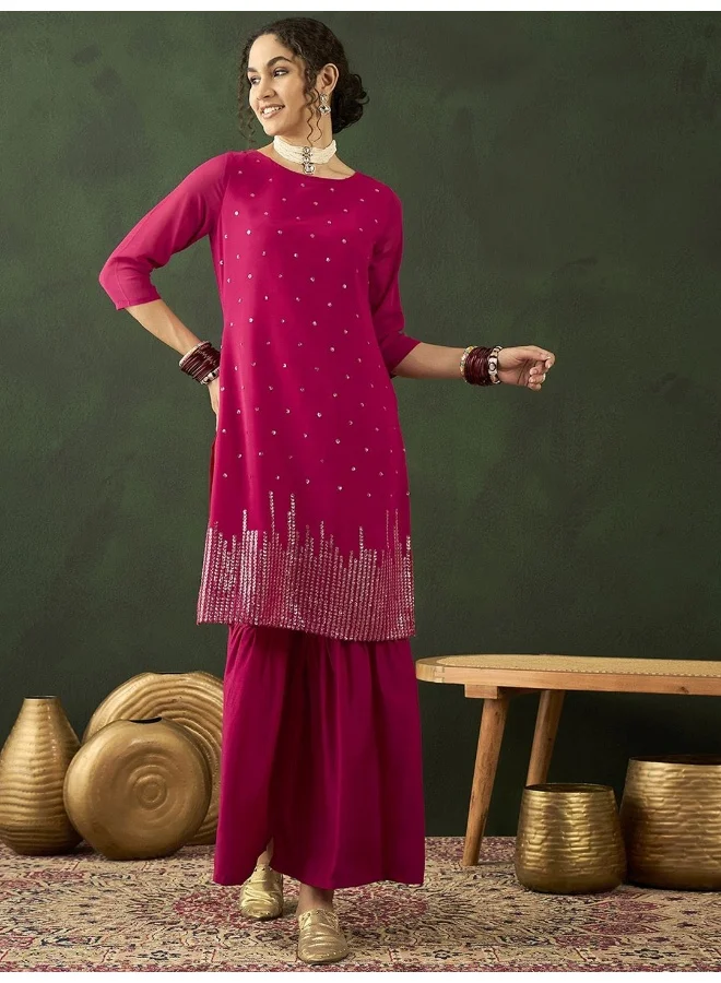 Floral Embroidered Sequinned Kurta Sharara Set Red-Violet