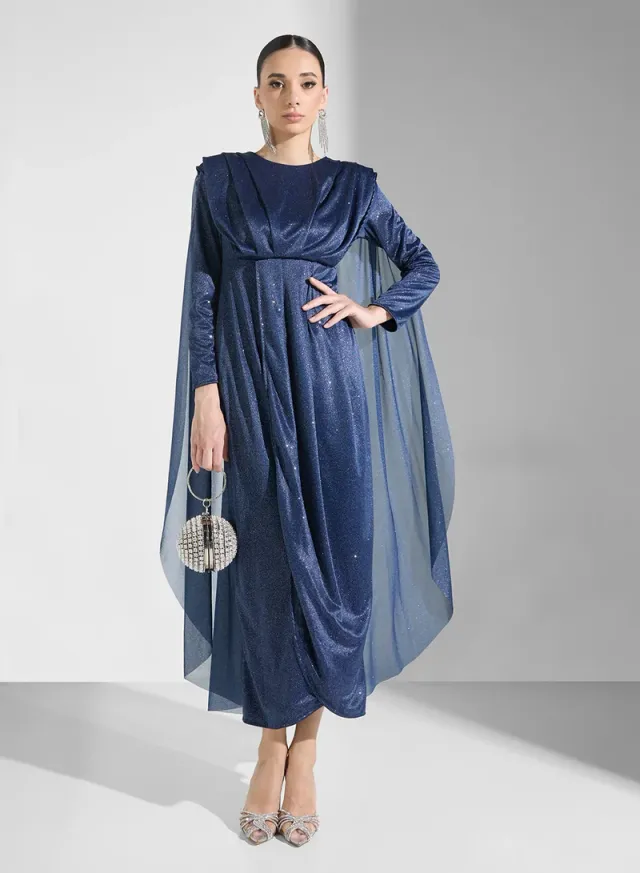 Navy Blue Midi Wrap Gown with Front Slit and Long Sleeves – image 4
