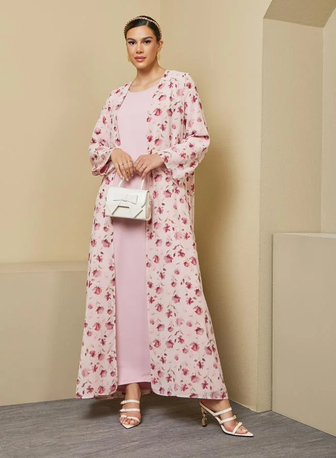 Floral Abaya & Inner Dress Set Pink