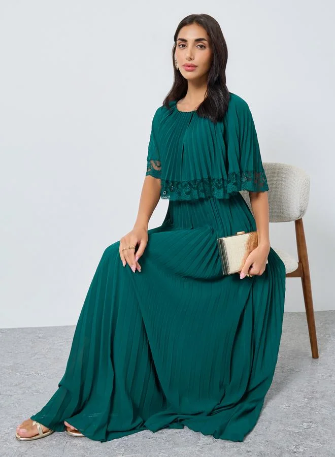 Pleated Lace Trim Maxi Evening Dress Dark Green
