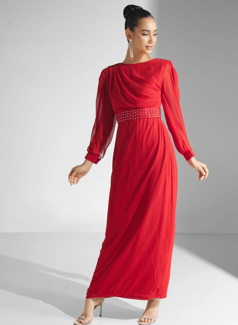 Sheer Sleeve Dress Crimson