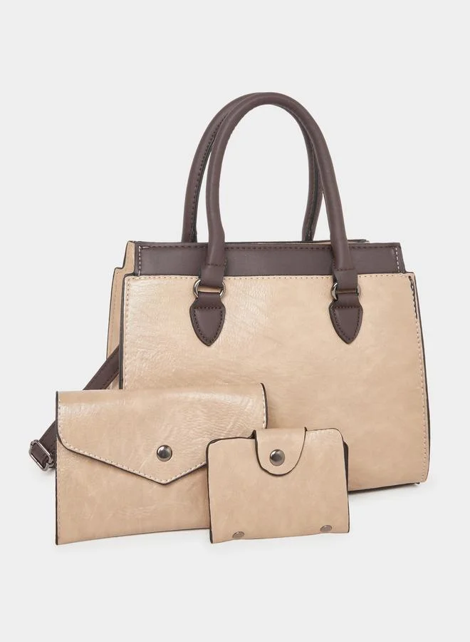 Styli Colorblock Handbag with Purse Set Light Beige