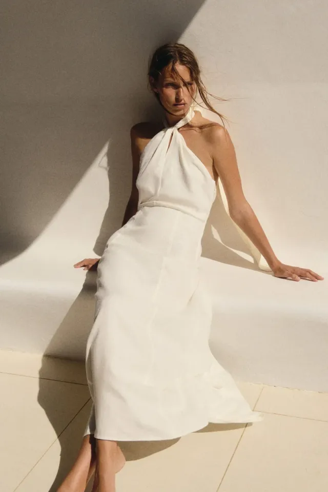 White Linen-Blend Halterneck A-Line Midi Dress